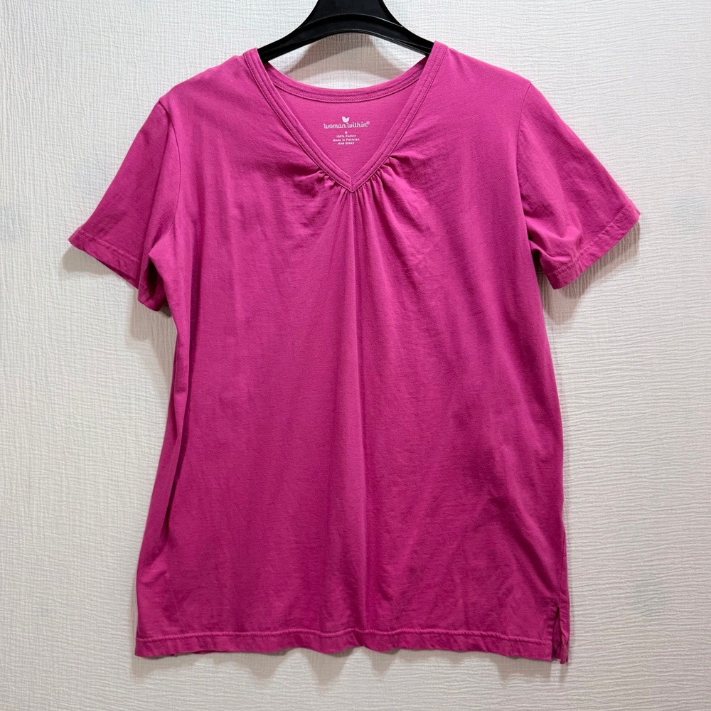 Woman Within T-Shirt Womens Medium Pink V-Neck Gathered Short Sleeve Summer